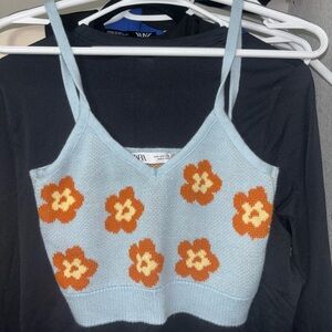 Floral Knit Crop Top - Blue and Orange